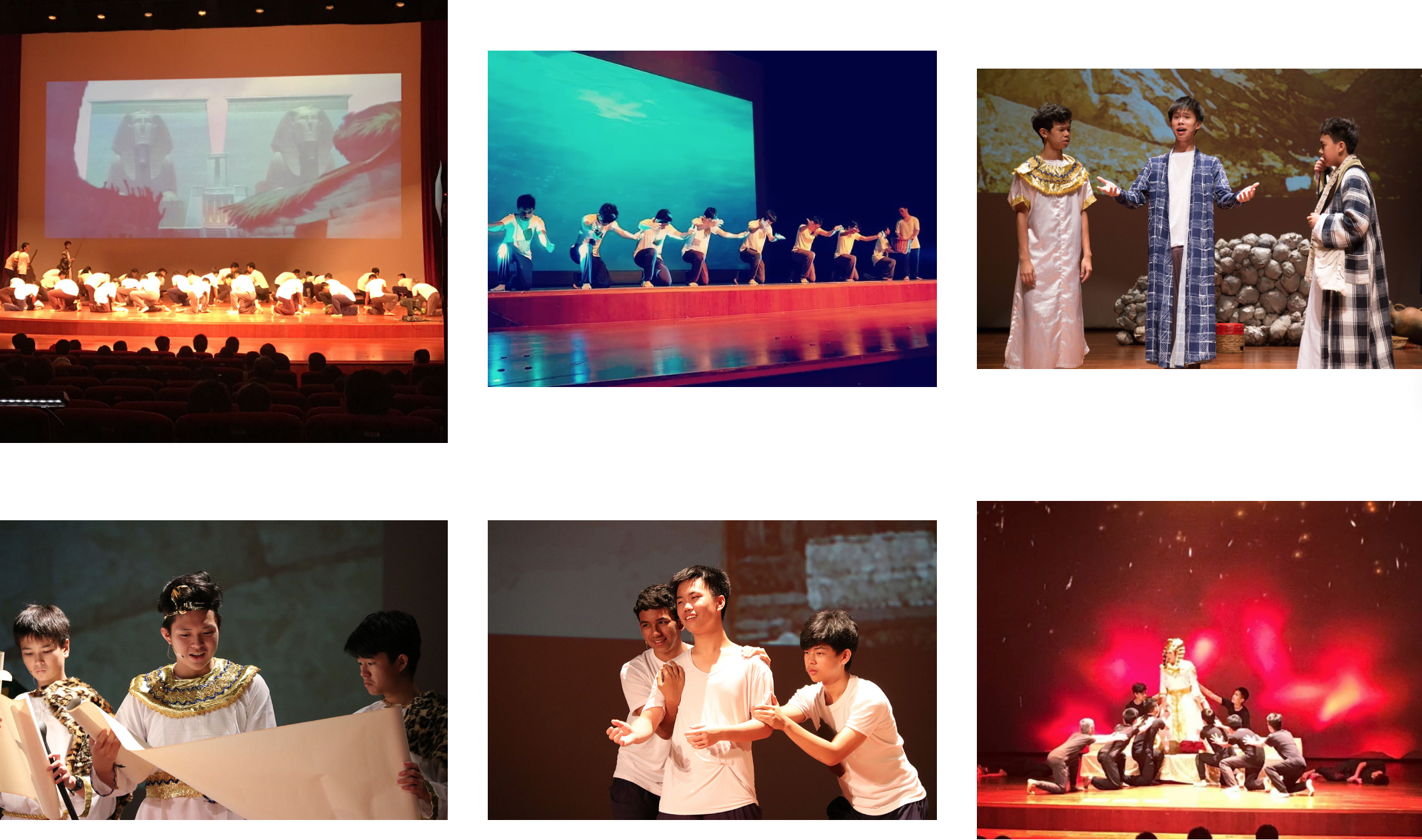 Six photos from a school theatrical production with Egyptian costumes, stage dancing, acting scenes, and dramatic lighting.